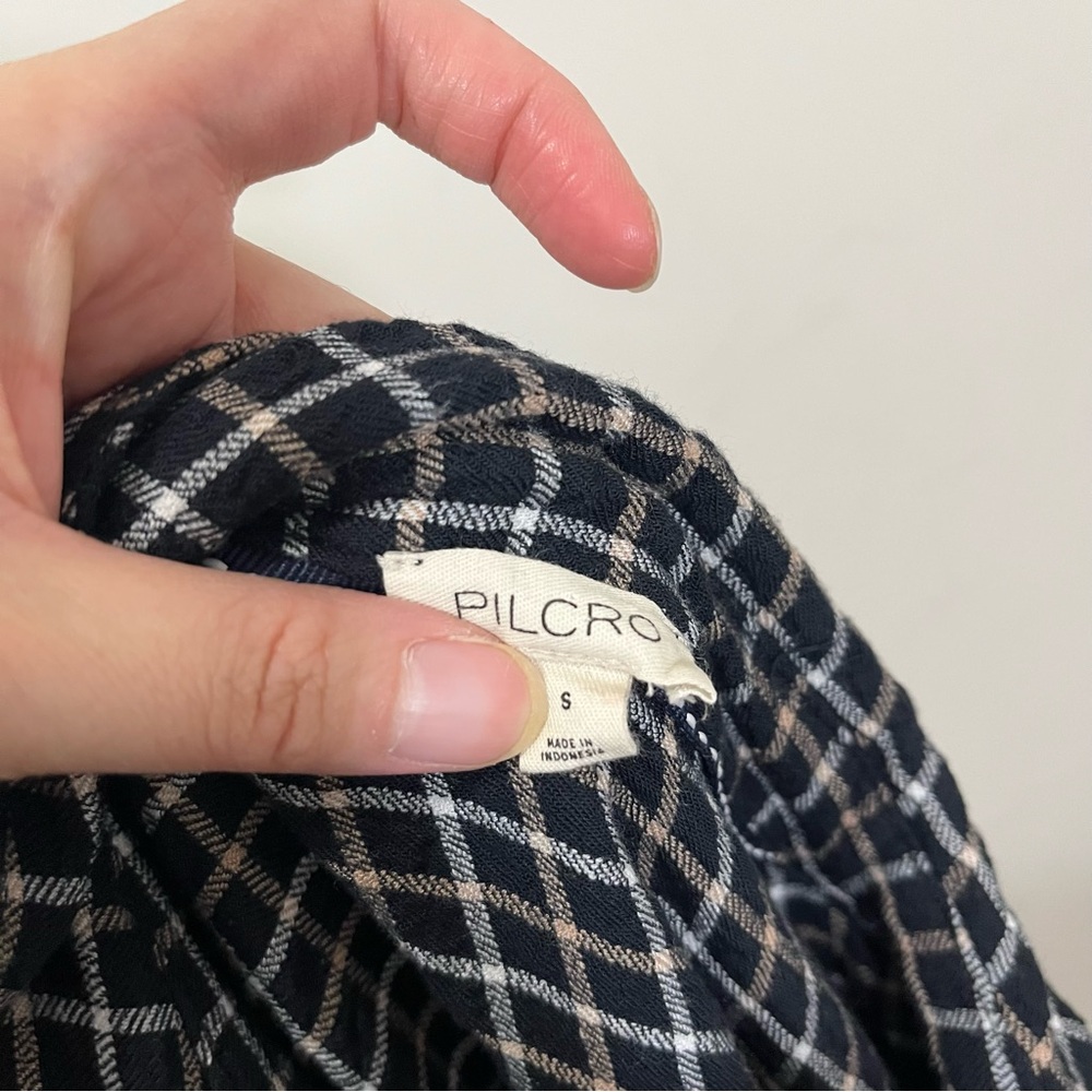 Anthropologie Pilcro Relaxed Plaid Shirt Tunic Button Front Size S Black White - Picture 2 of 16